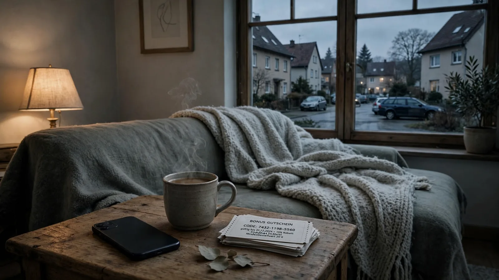 Deutsches Wohnzimmer mit Smartphone, Kaffeetasse und Gutscheinen mit Codes auf dem Tisch.