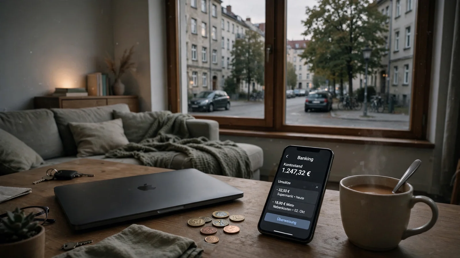 Geschlossener Laptop auf Couchtisch mit Euro-Münzen in deutscher Wohnung