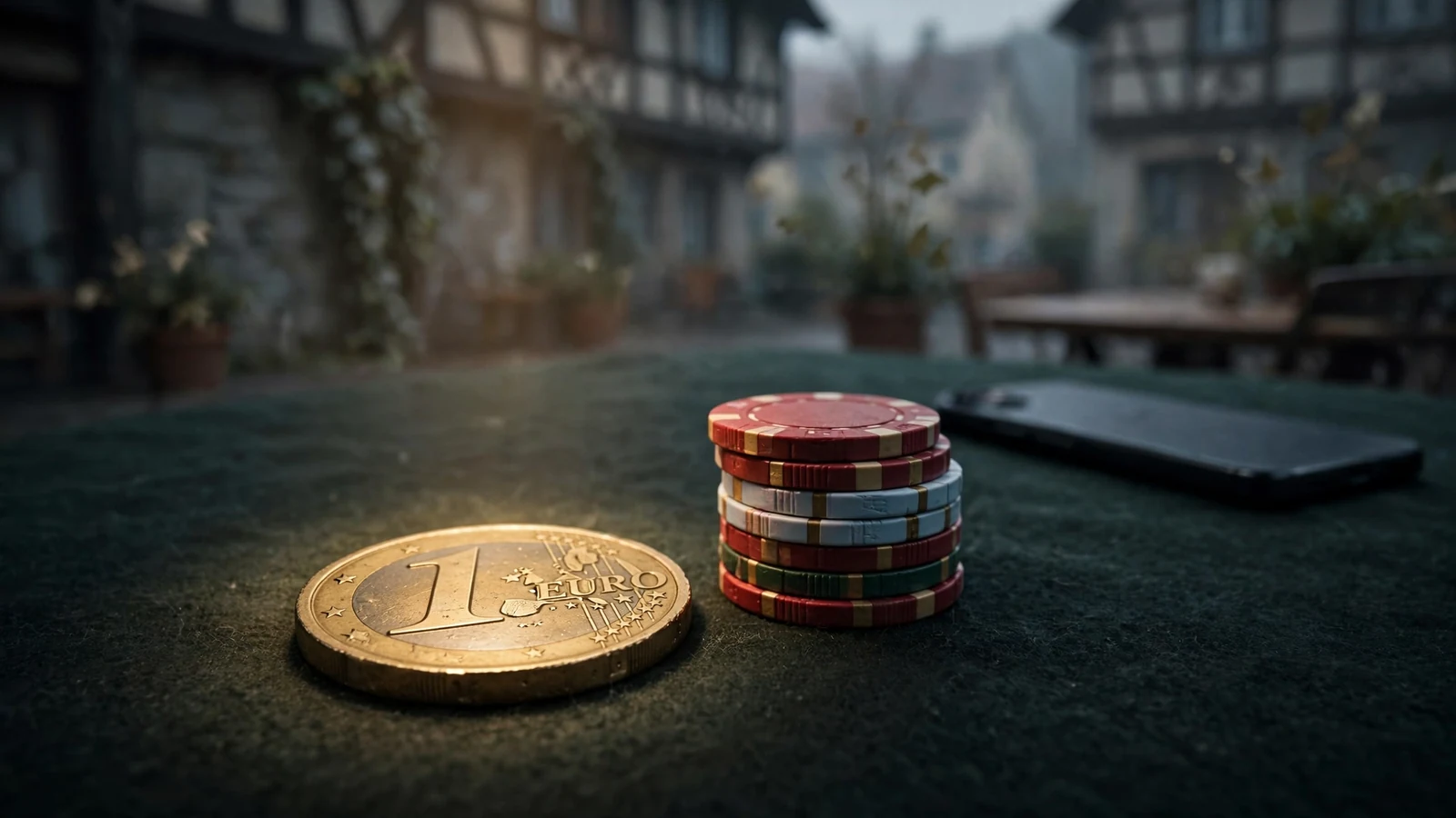 Eine einzelne Euro-Münze neben Casino-Chips auf einem Filz-Tisch.