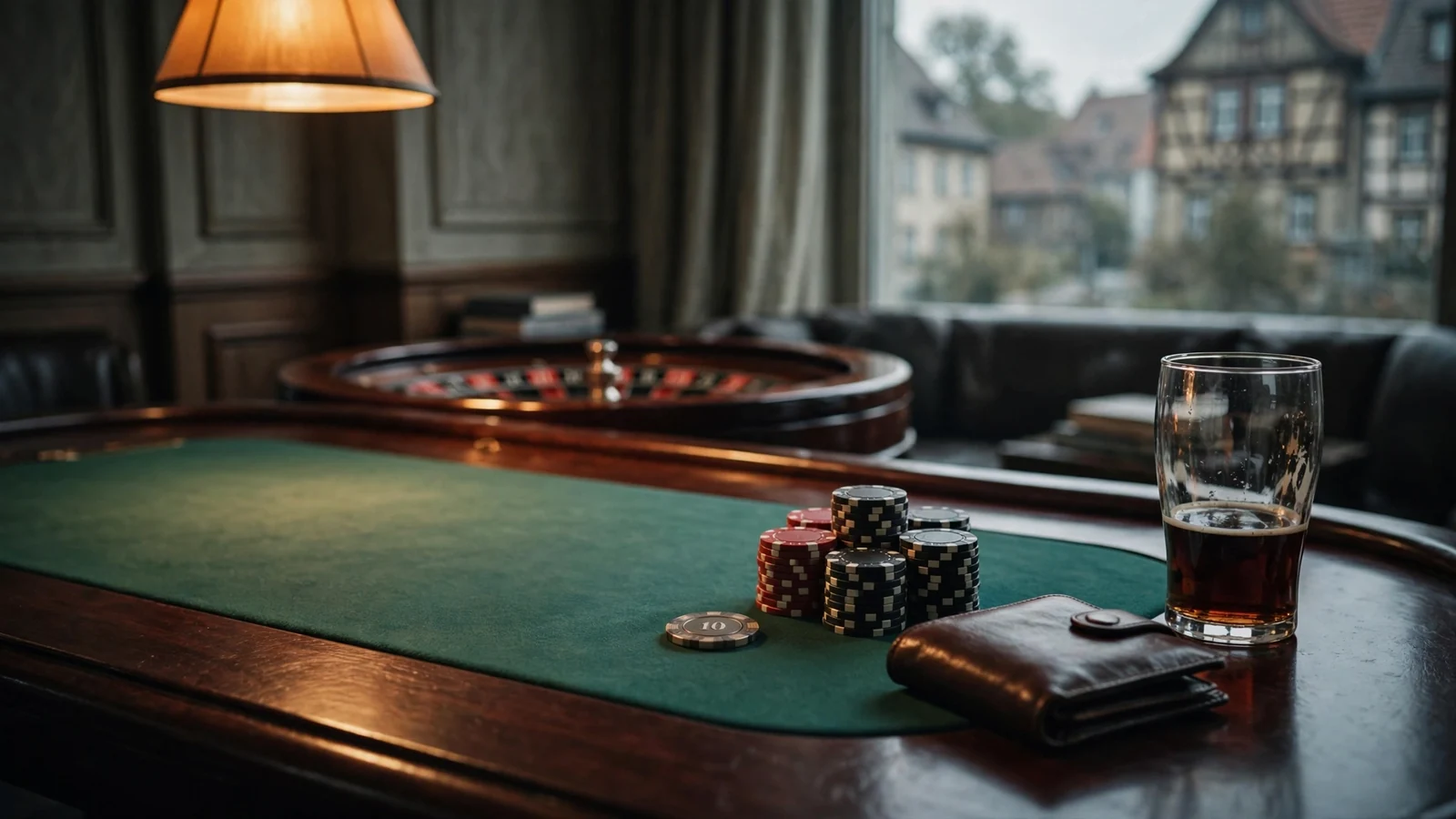 Casino-Tisch mit Spielchips, Jetons und Rouletterad in warmem Licht