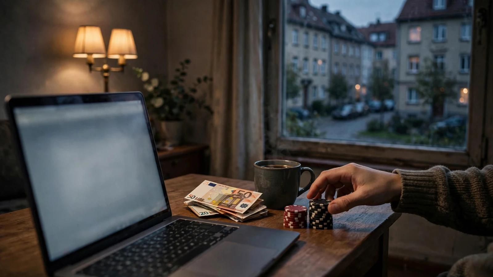 Offener Laptop neben gestapelten Poker-Chips und Euro-Scheinen auf einem Wohnzimmertisch in einer deutschen Wohnung