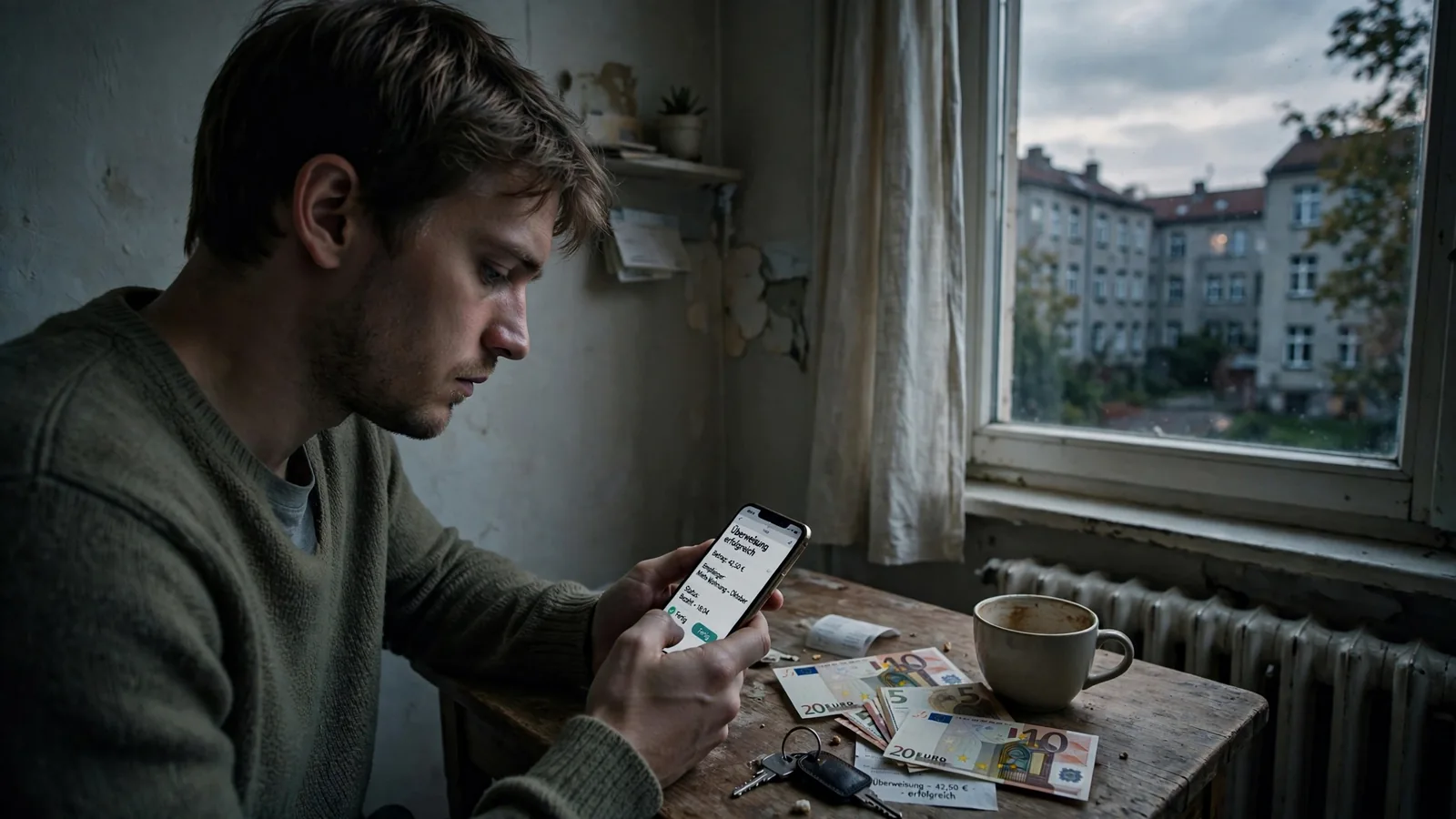 Junger Mann in Berliner Wohnung betrachtet sein Budget nach Online-Einzahlung