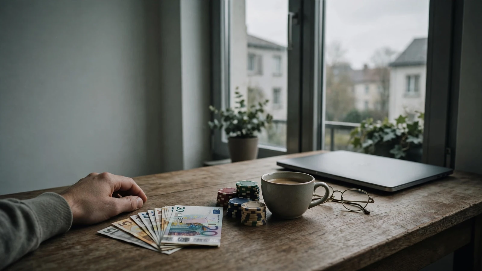 Holzschreibtisch mit Euro-Banknoten, Pokerchips, Kaffeetasse und zugeklapptem Laptop in moderner Wohnung.