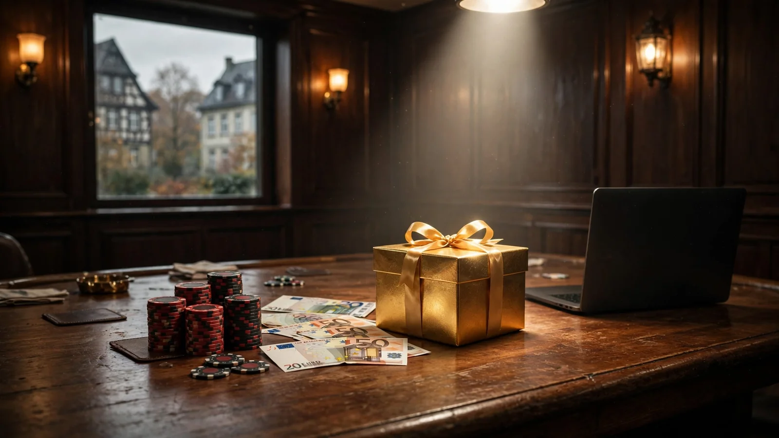 Casino-Tisch mit Chips, vergoldeter Geschenkbox und Euro-Banknoten im warmen Licht