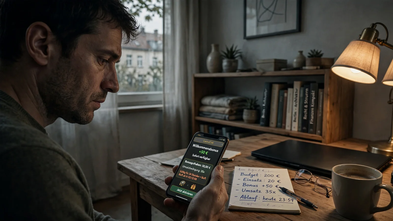 Spieler prüft Bonusangebot auf dem Smartphone am Schreibtisch