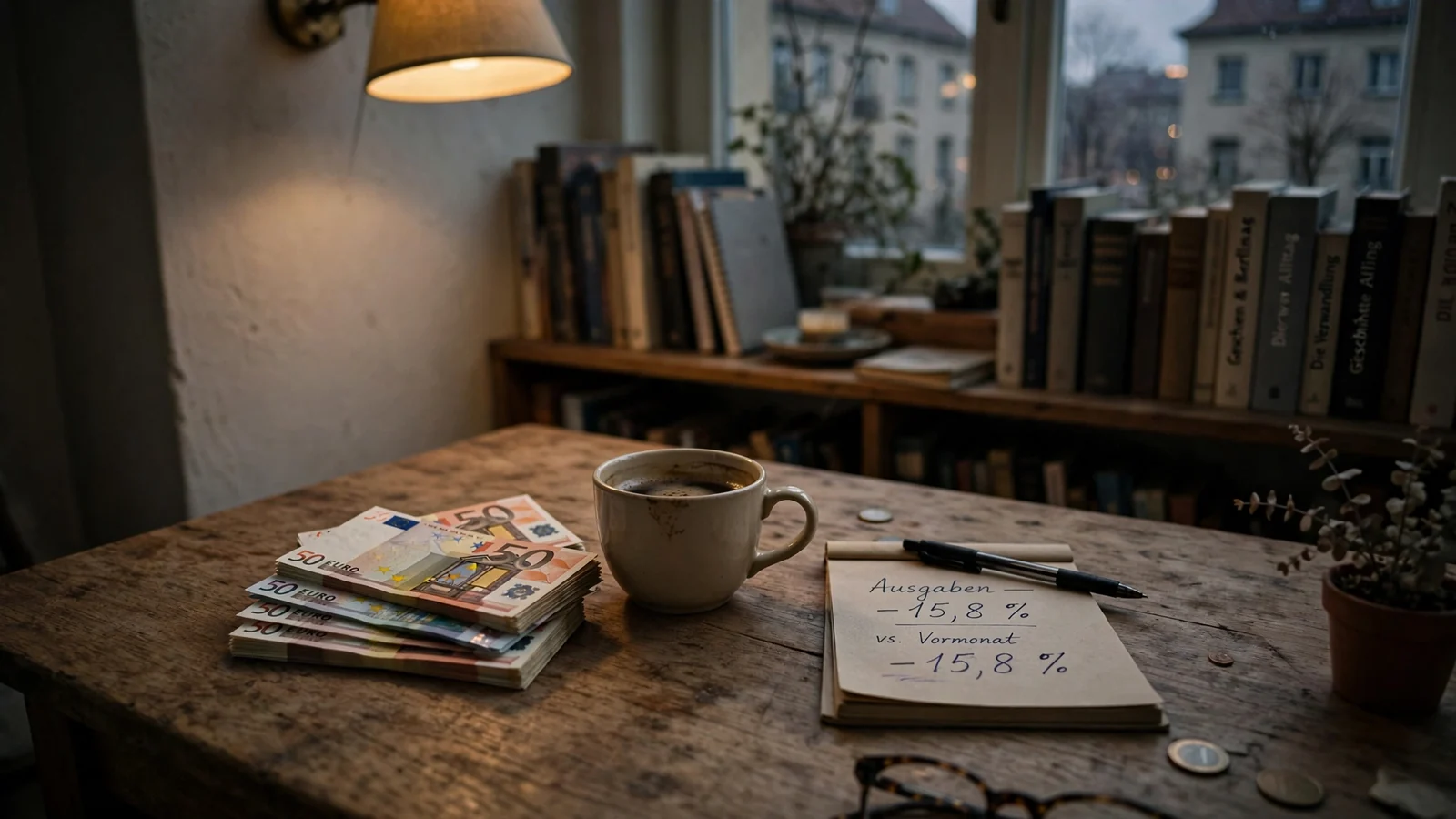 Holztisch mit Geldscheinen, Notizblock und Kaffeetasse bei Abendlicht