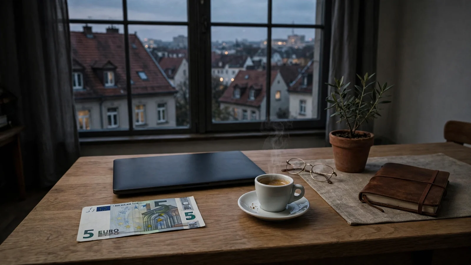 Abendlicher deutscher Schreibtisch mit Fünf-Euro-Schein, geschlossenem Laptop und Espressotasse bei Stadtdämmerung
