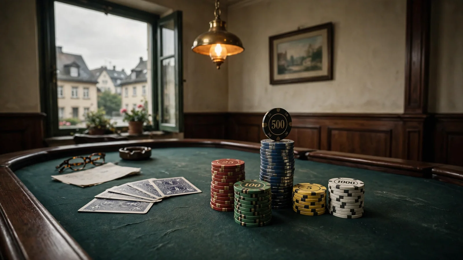Stapel Casino-Chips und Spielkarten auf grünem Filztisch in elegantem europäischem Spielsaal