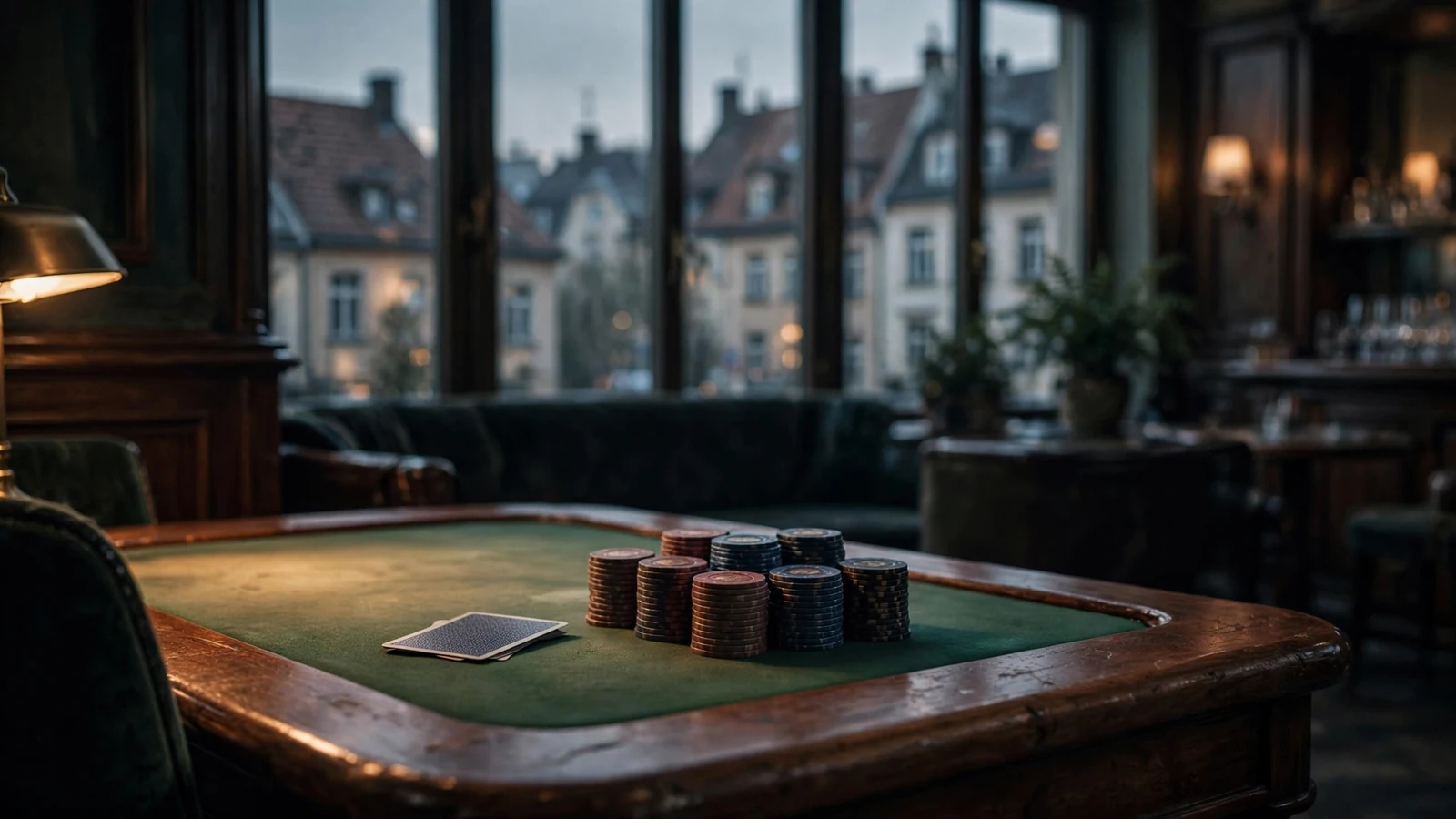 Eleganter Casino-Saal mit Spieltisch, Chips und Stadt-Silhouette bei Dämmerung