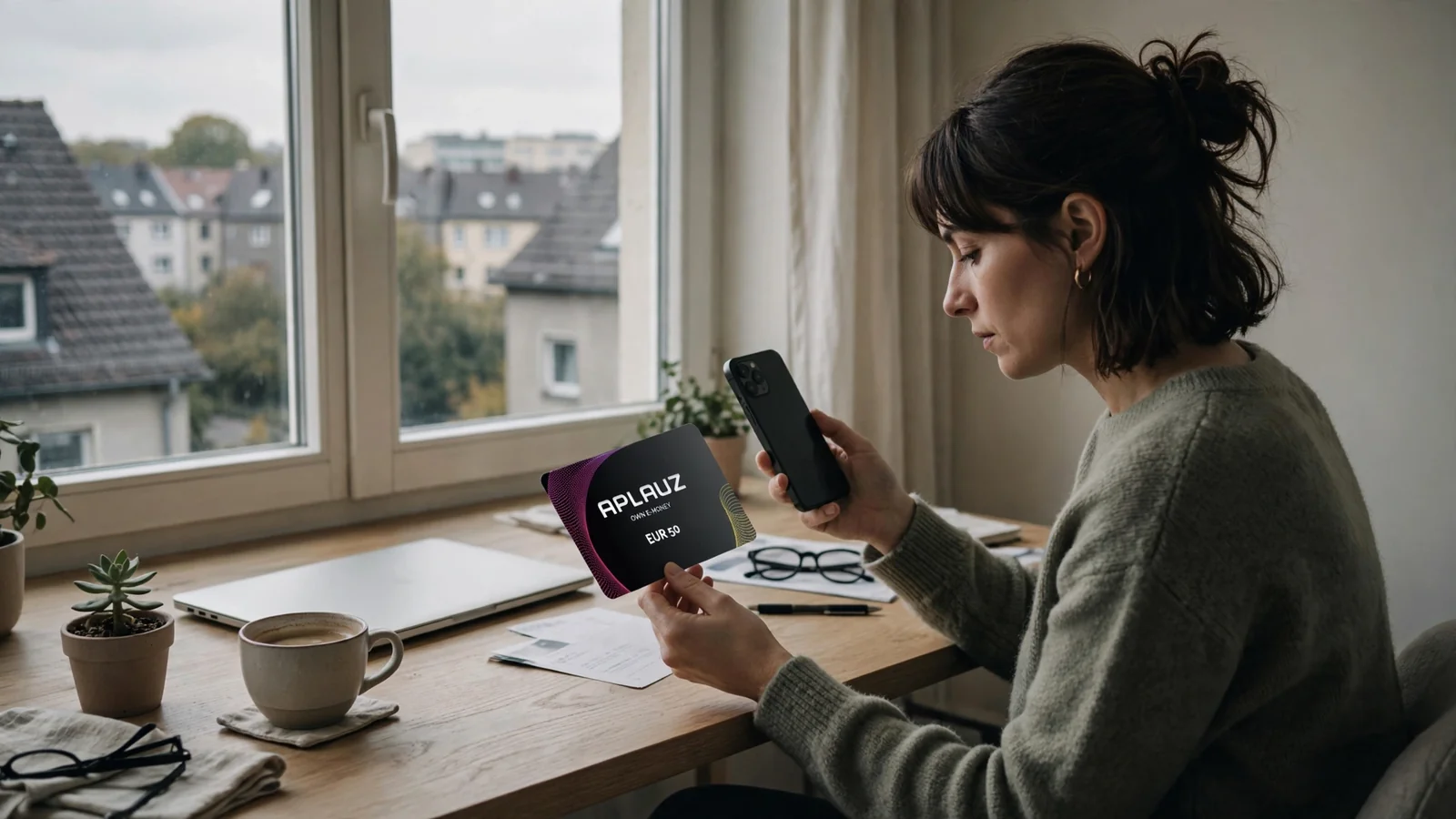 Person hält einen Aplauz-Gutschein und ein Smartphone an einem hellen Schreibtisch in einer deutschen Wohnung.