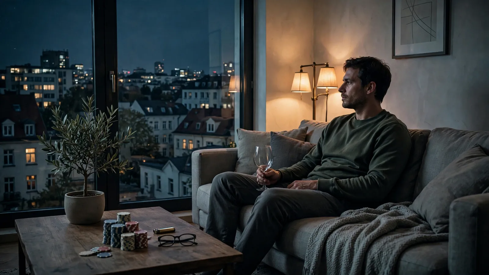 Abendliche Szene in einer modernen Wohnung mit Spielchips und Smartphone auf dem Tisch.