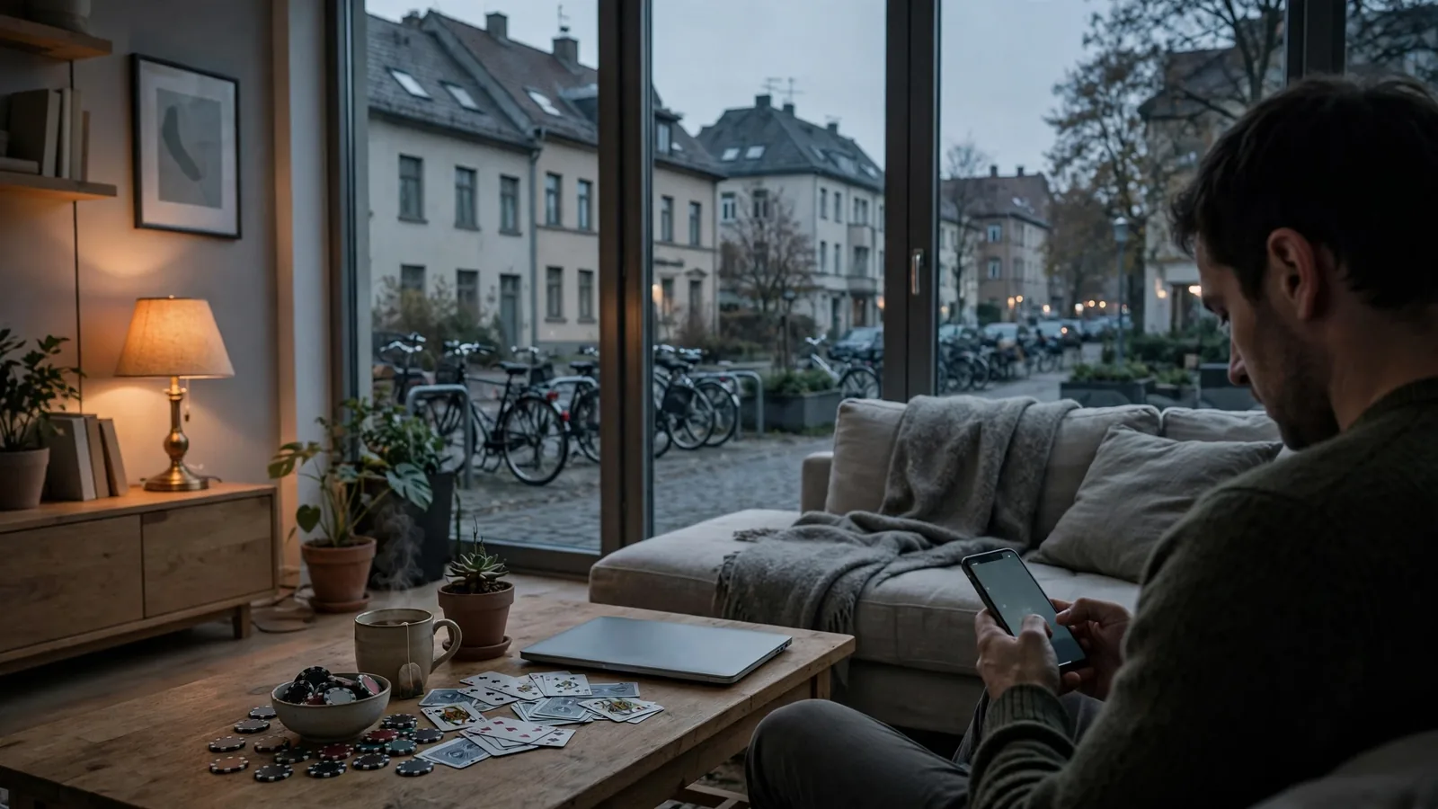 Gemütliches Wohnzimmer mit Smartphone, Pokerspiel-Chips und Karten auf dem Tisch