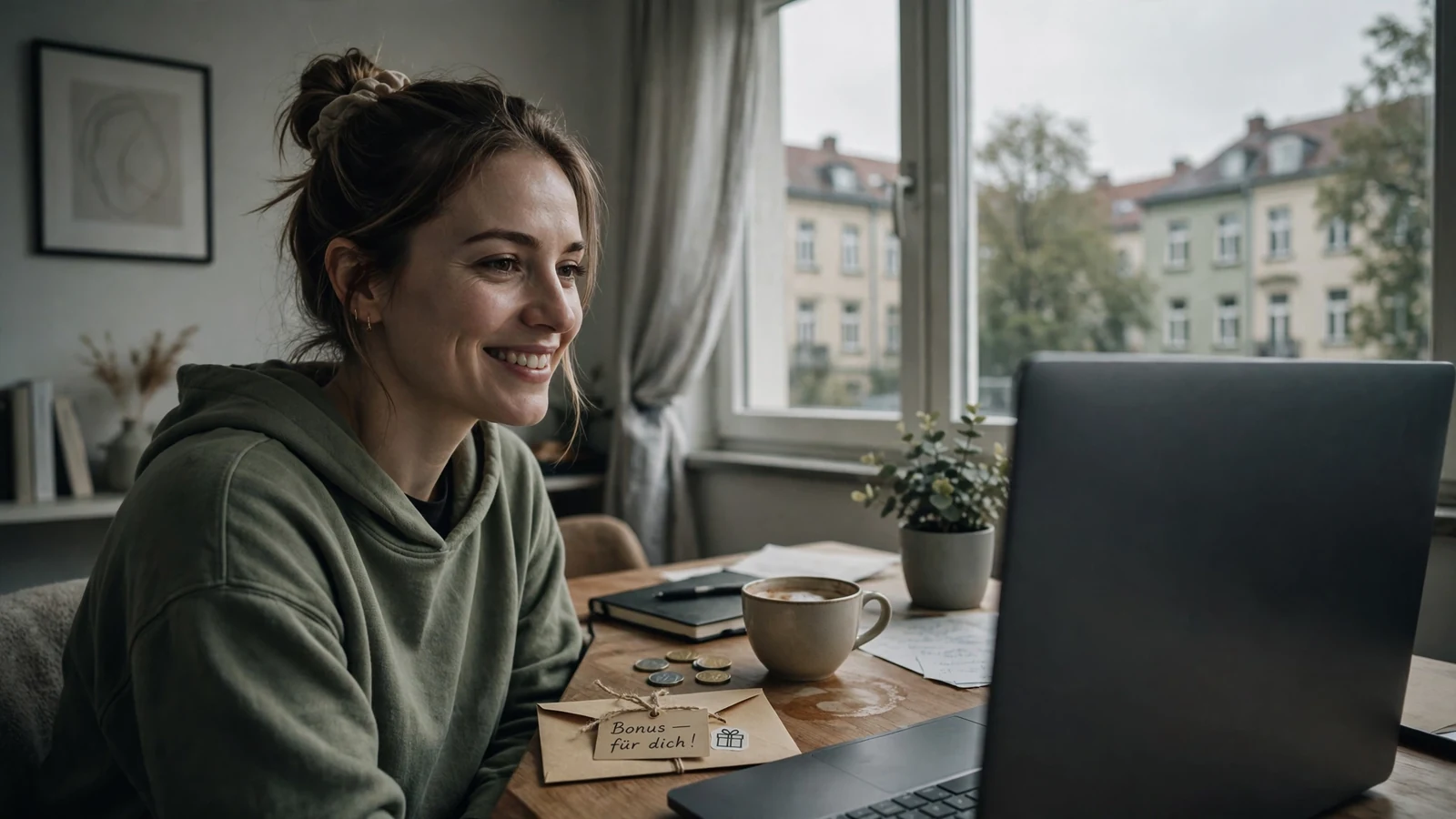 Person am Schreibtisch mit Laptop, Briefumschlag und Münzen als Bonus-Geste