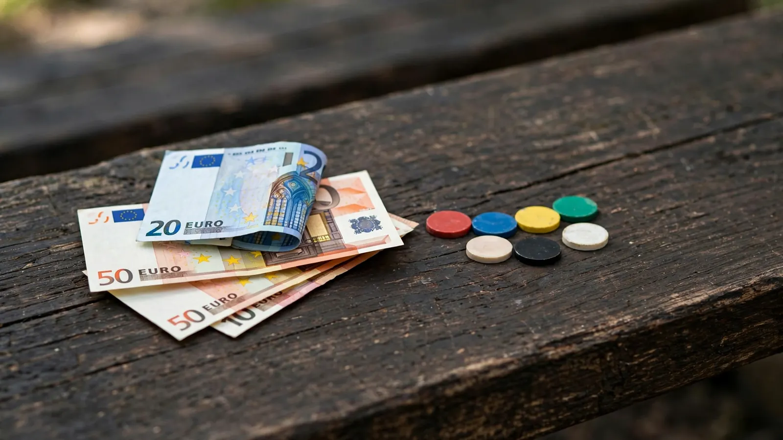 Euro-Scheine und Casino-Chips auf einem Holztisch in Deutschland
