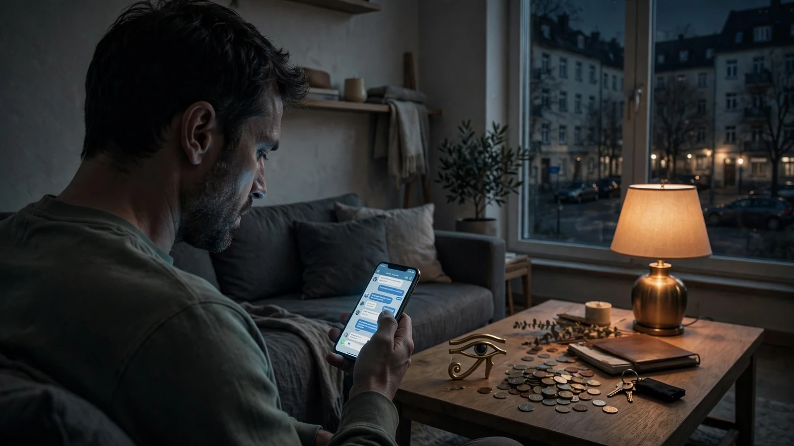 Mann auf Sofa mit Smartphone, Horus-Auge-Figur und Münzen auf dem Tisch.