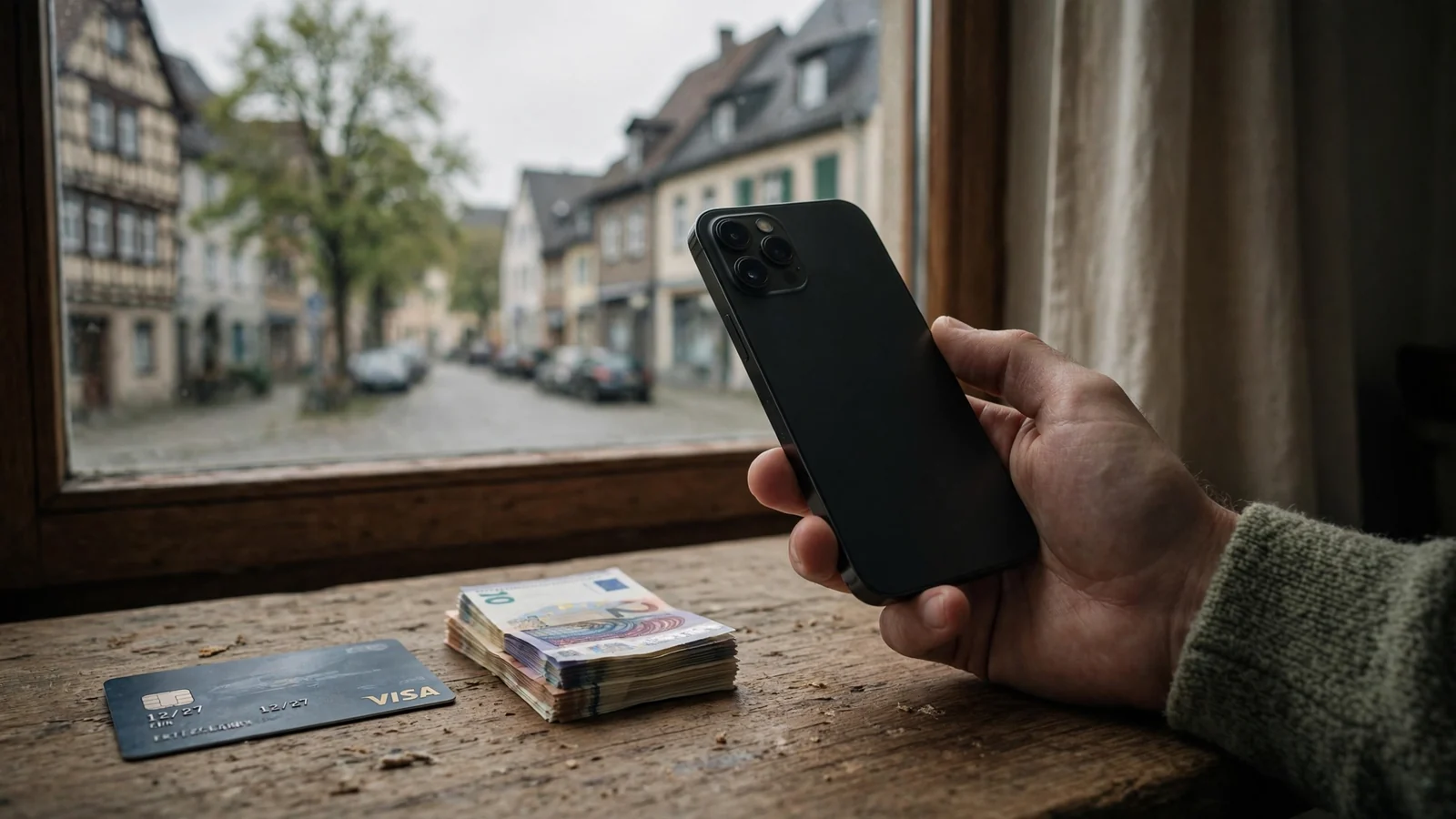 Smartphone als Zahlungsmittel neben Euro-Scheinen auf Tisch