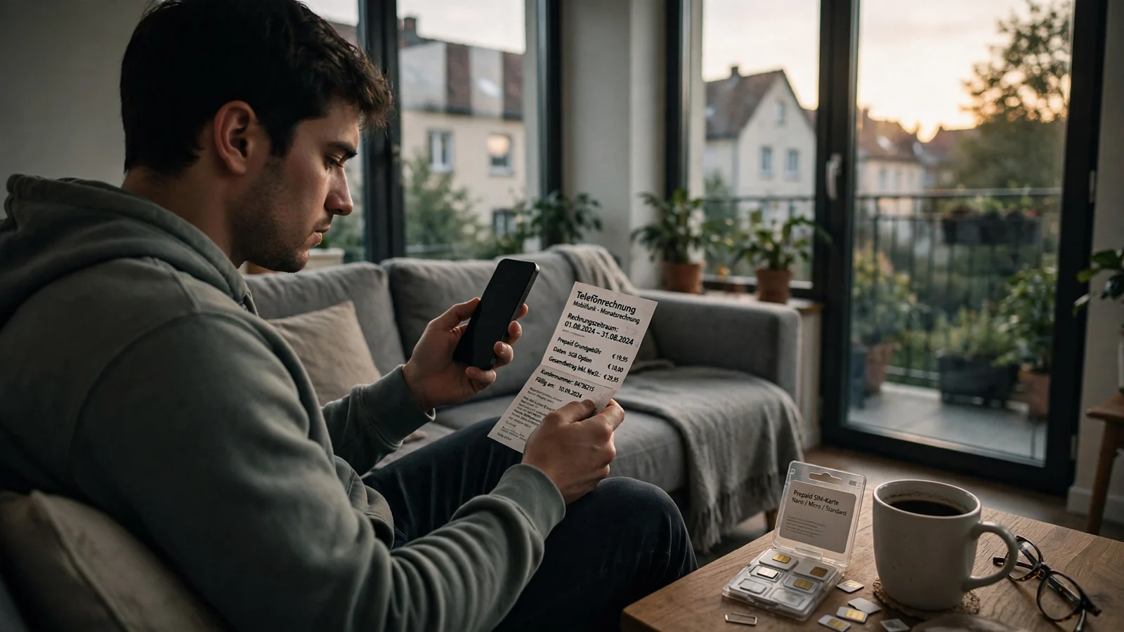 Mann vergleicht Smartphone mit Papier-Mobilfunkrechnung auf dem Sofa