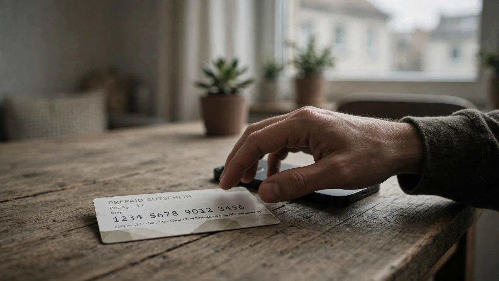 Paysafecard-Gutschein mit PIN-Code neben einem Smartphone auf einem Tisch.