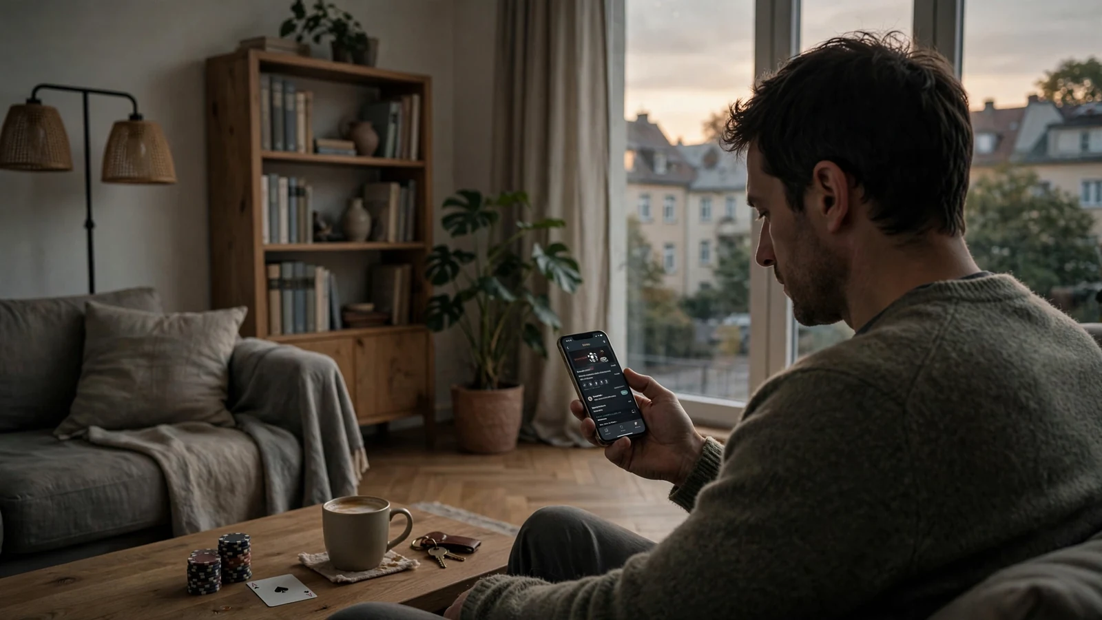 Gemütliches Wohnzimmer, Person mit Smartphone auf dem Sofa, Casino-Chips und Spielkarte auf dem Tisch.