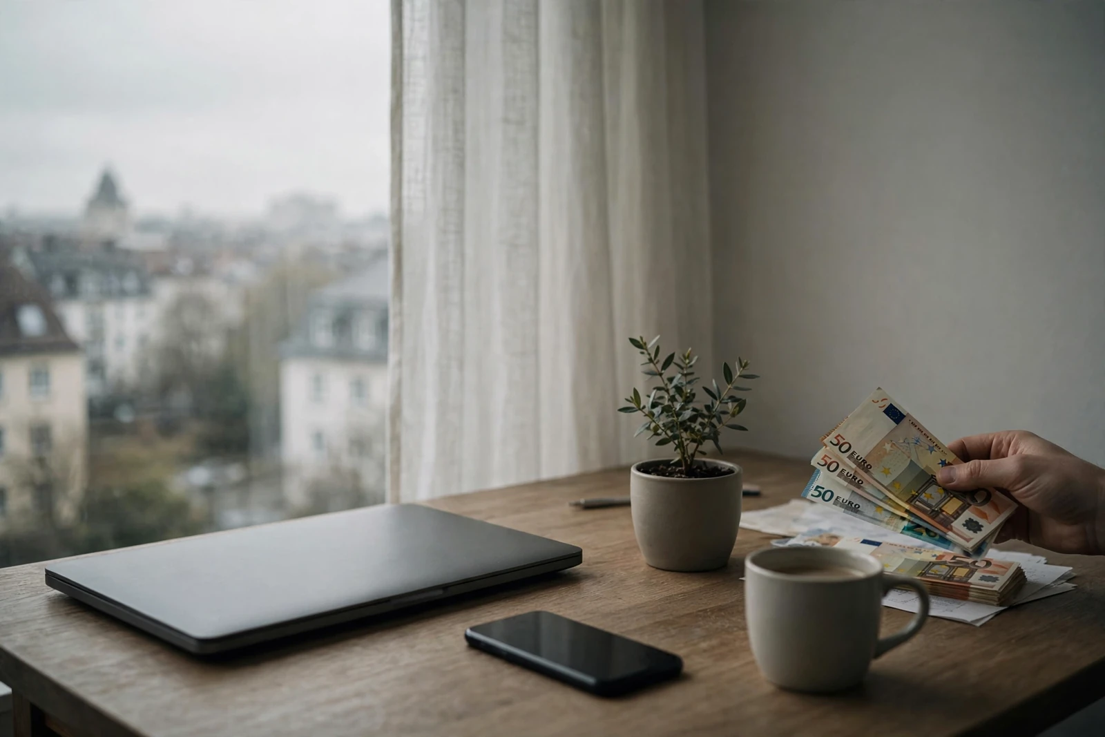 Schreibtisch mit geschlossenem Laptop, Euro-Scheinen und Tasse bei Tageslicht