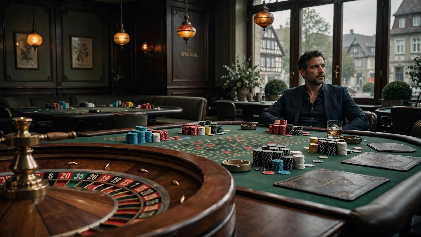 Elegantes Casino mit Roulette, Spielchips und warmem Licht