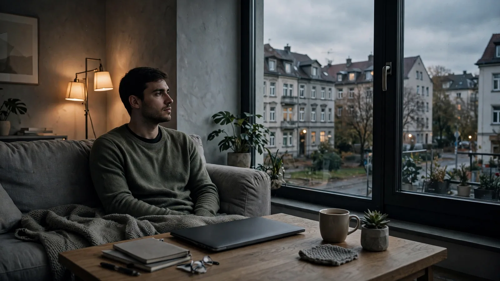 Mann auf Sofa mit Laptop in modernem deutschen Wohnzimmer am Abend