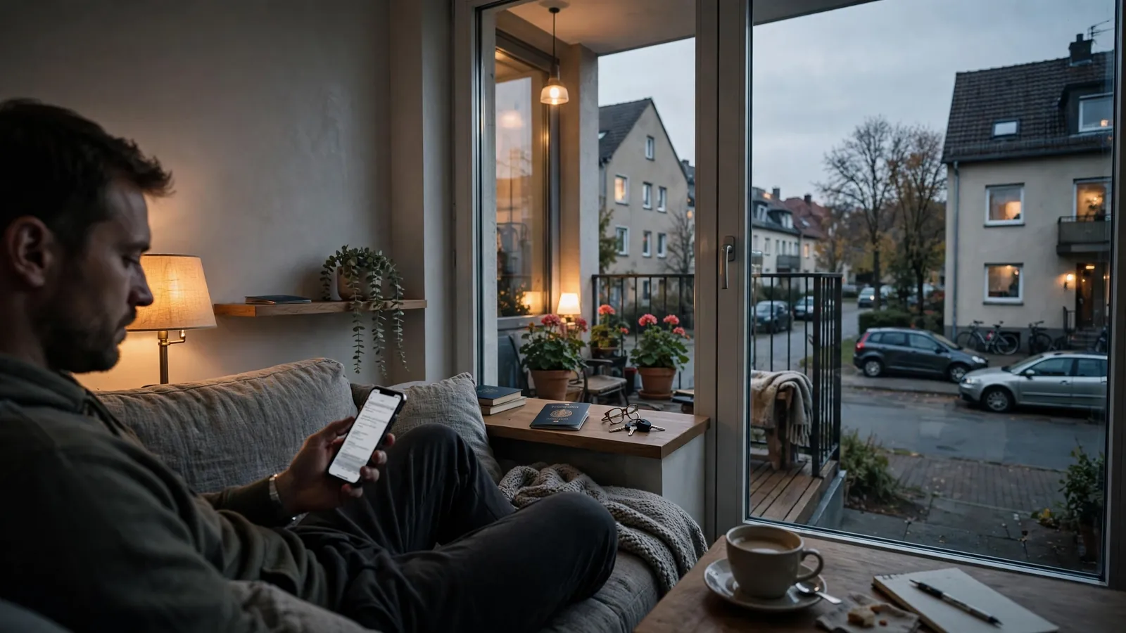 Person auf dem Sofa mit Smartphone, Ausweis liegt unbenutzt im Regal.