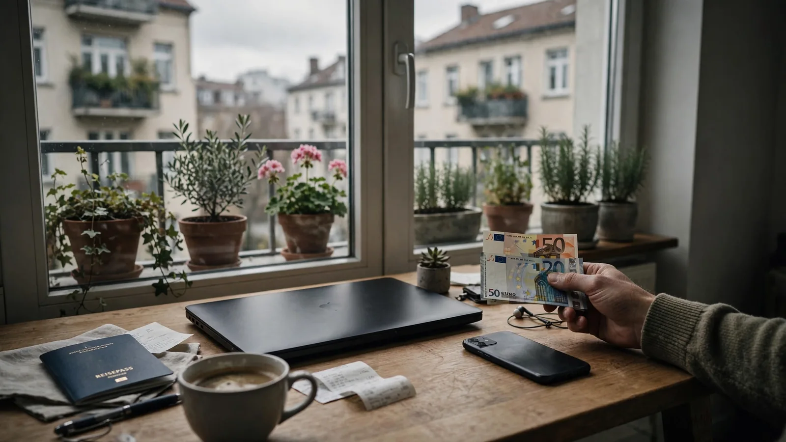 Aufgeräumter Heimarbeitsplatz mit Laptop, Smartphone, Euro-Scheinen und Kaffeetasse am hellen Fenster.