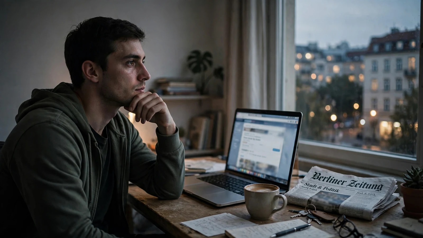 Junger Mann am Laptop in Berliner Wohnung bei abendlichem Licht, Zeitung und Kaffee auf dem Tisch.