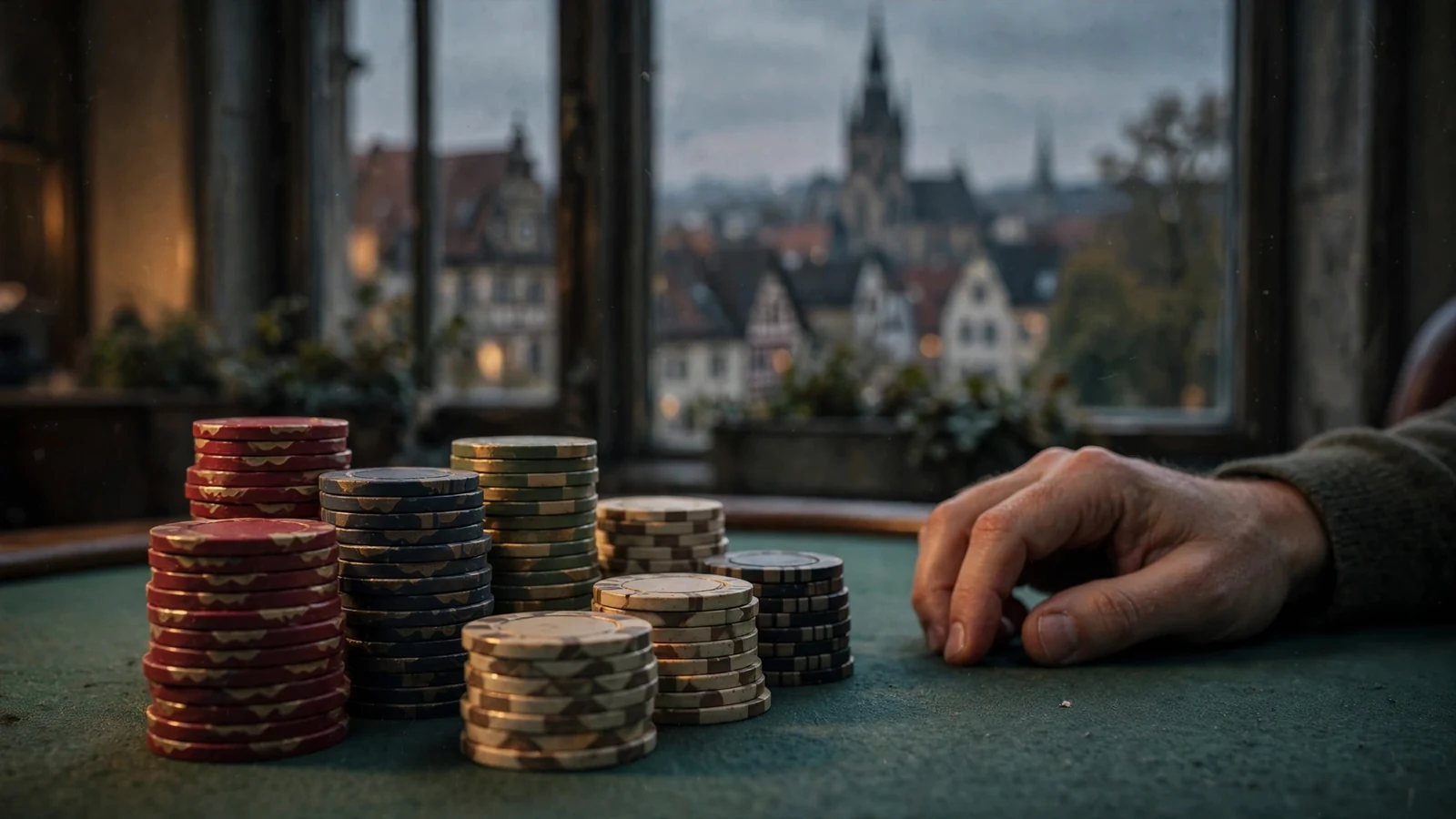 Stapel bunter Casino-Chips auf grünem Filztisch mit deutscher Stadtsilhouette durch ein Fenster