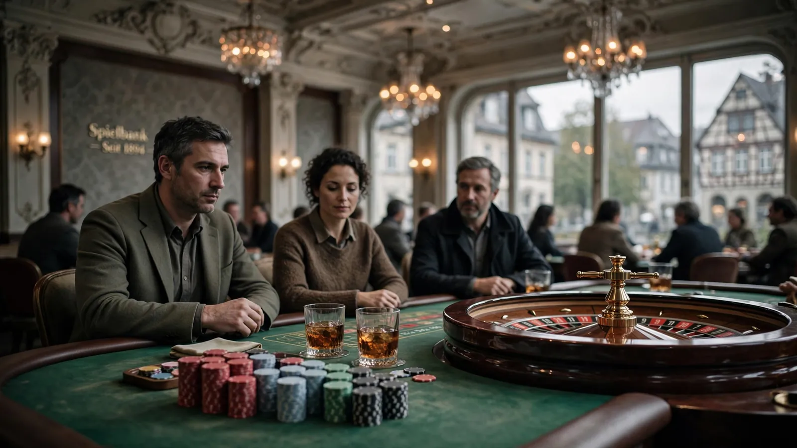 Casino-Tisch mit Roulette-Rad, gestapelten Chips und Gläsern in festlicher Atmosphäre.
