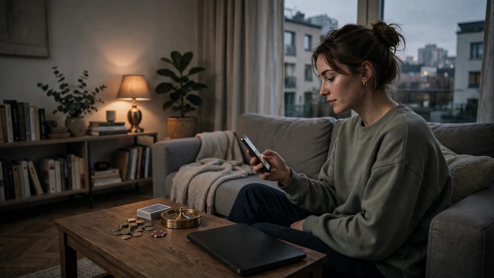 Junge Frau auf Sofa mit Smartphone, Münzen, Spielchip und Roulette auf dem Tisch