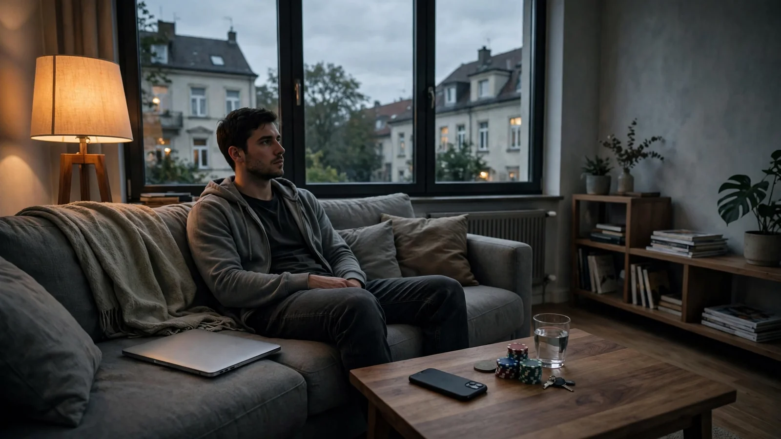 Junge Person entspannt auf Sofasofa mit Smartphone und geschlossenem Laptop neben Spielchips
