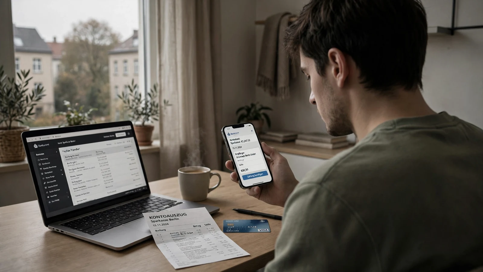 Person mit Smartphone und Laptop am Schreibtisch, Bankkarte und Kontoauszug