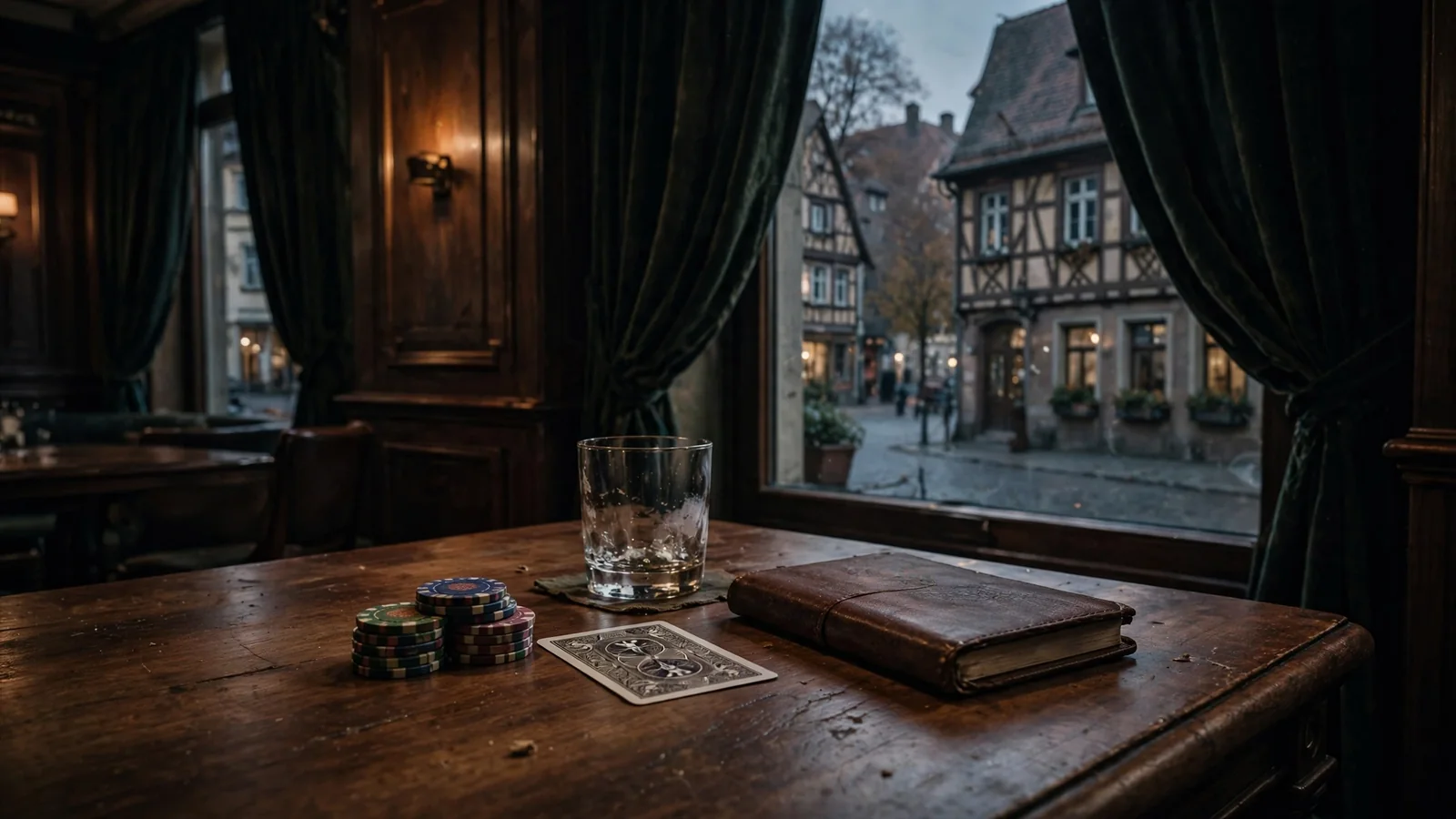 Dunkles deutsches Spielzimmer mit Pokerchips, verdeckter Karte und Whiskey auf Holztisch