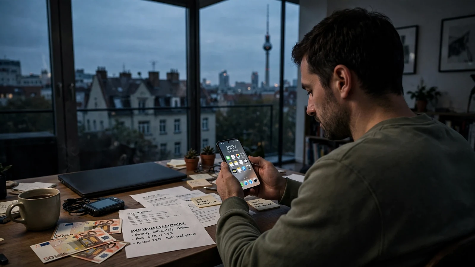 Person am Schreibtisch mit Smartphone, Hardware-Wallet und Vergleichsnotizen vor Berliner Skyline.