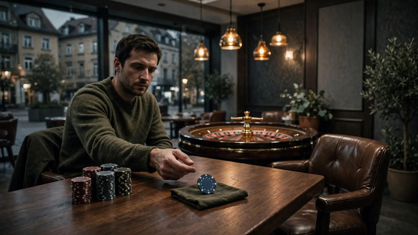 Stilvolle Casino-Lounge bei Nacht mit Roulette-Tisch, gestapelten Chips und warmem Licht.
