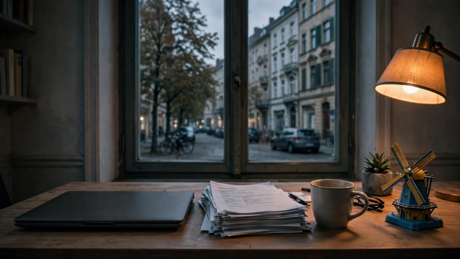 Abendlicher Arbeitsplatz mit geschlossenem Laptop und Kuraçao-Souvenir