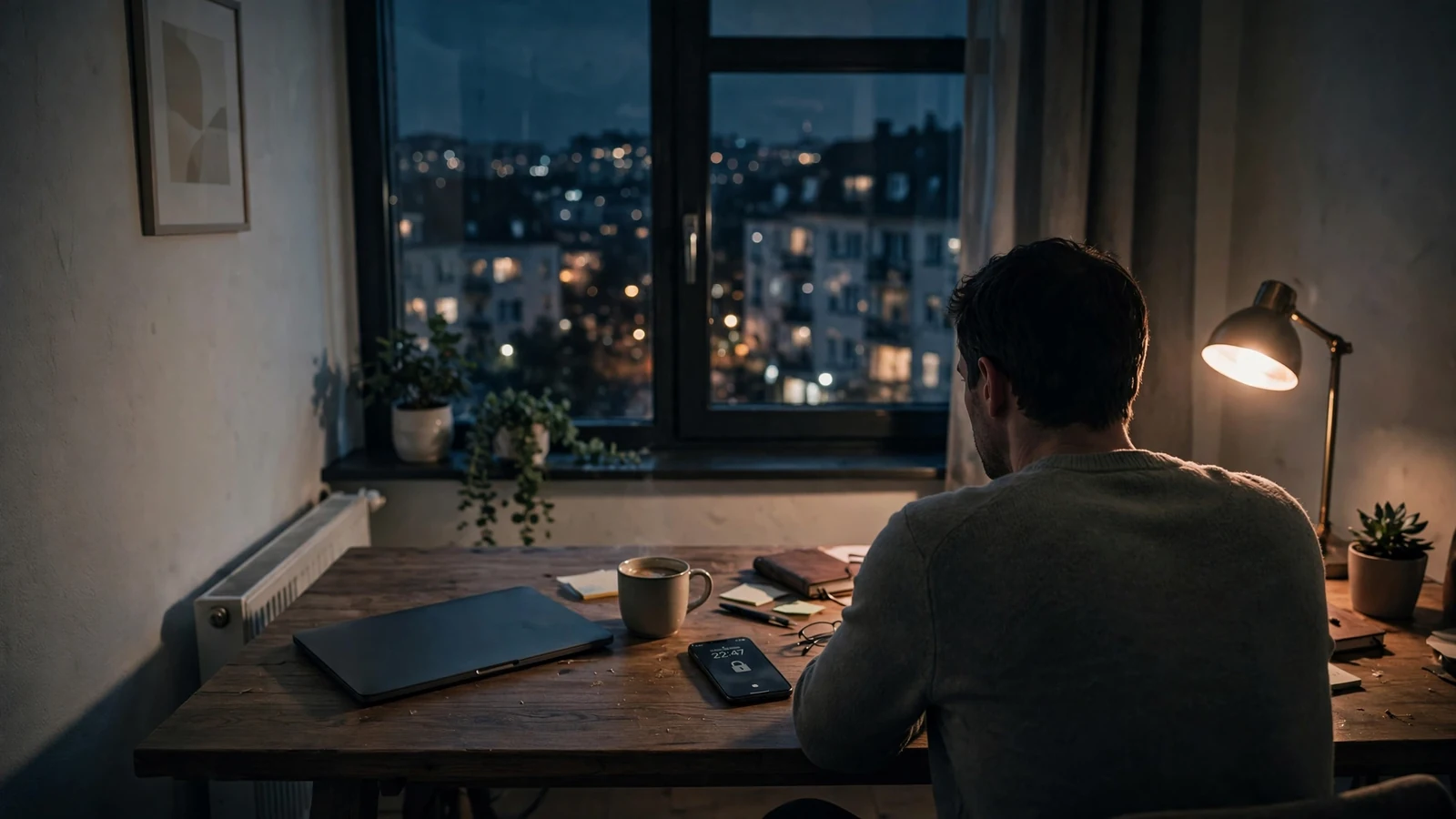 Abendlicher Arbeitsplatz mit Laptop und Smartphone in deutscher Wohnung