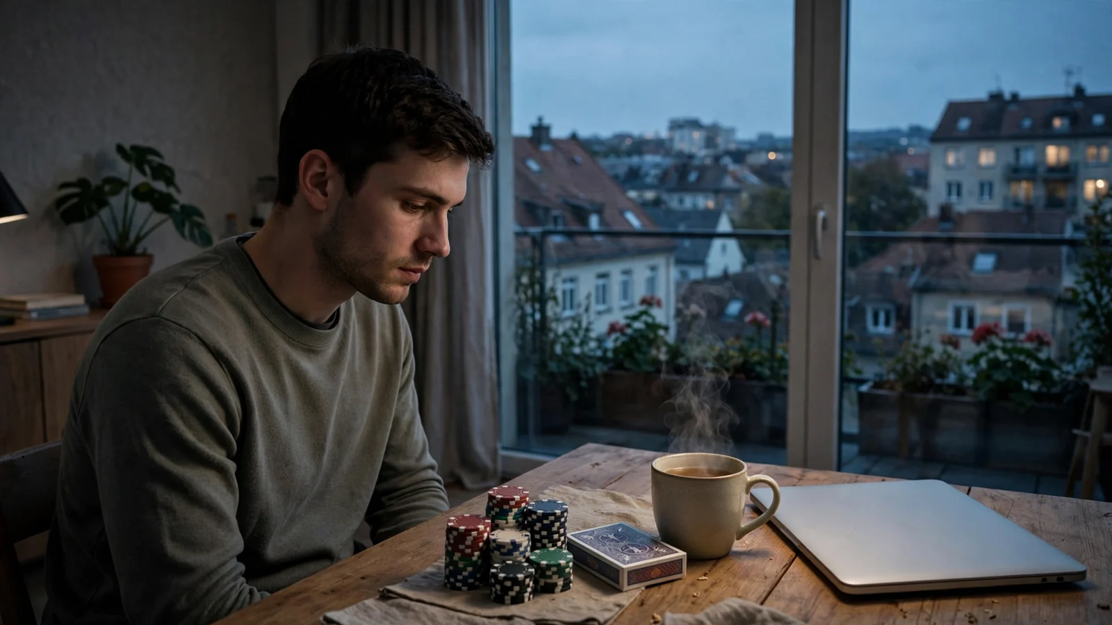 Junger Mann am Tisch mit Poker-Chips und Karten in einer deutschen Wohnung bei Abendlicht