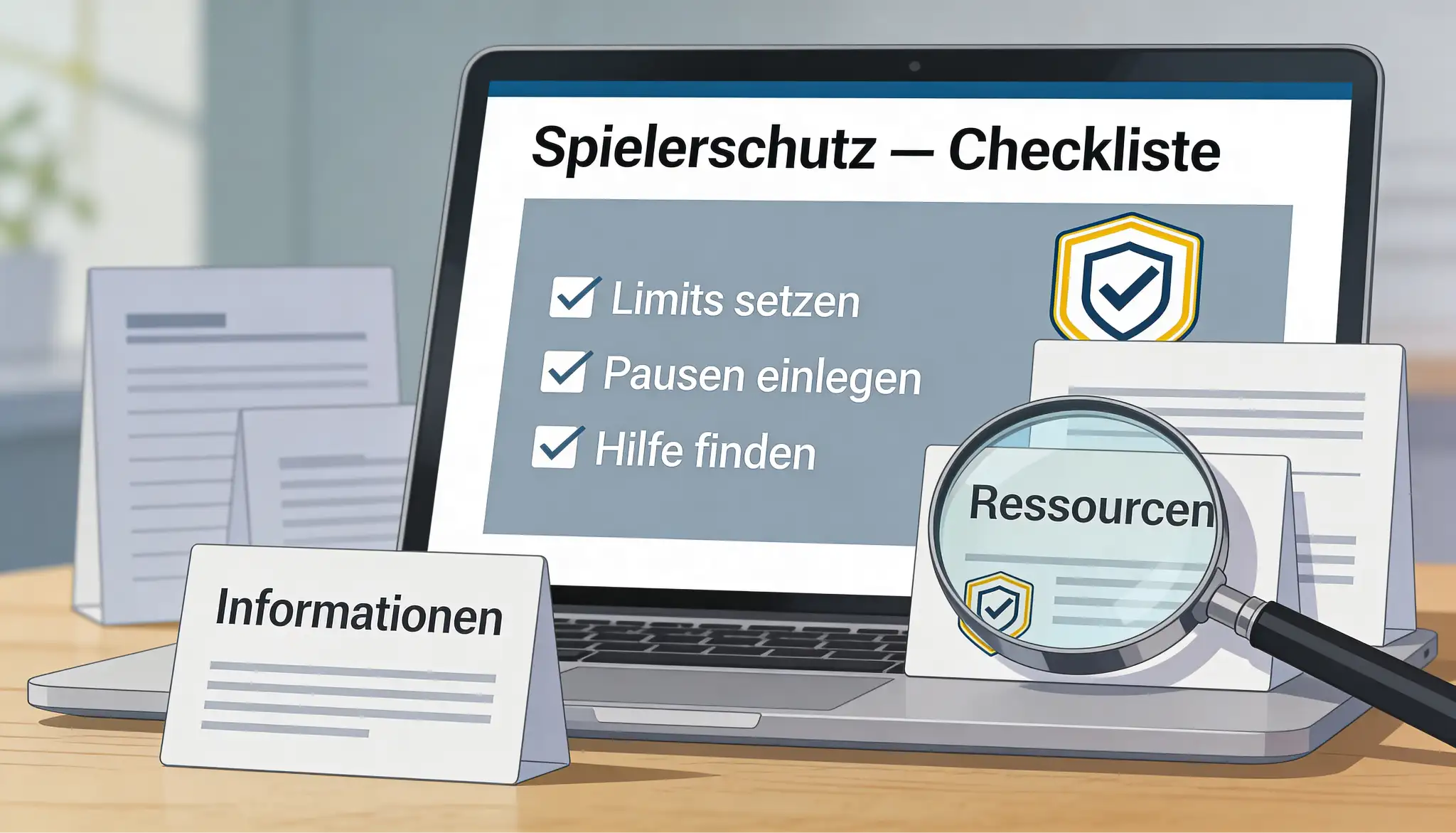 Ruhige Prüfszene mit Checkliste für Erlaubnis und Warnzeichen