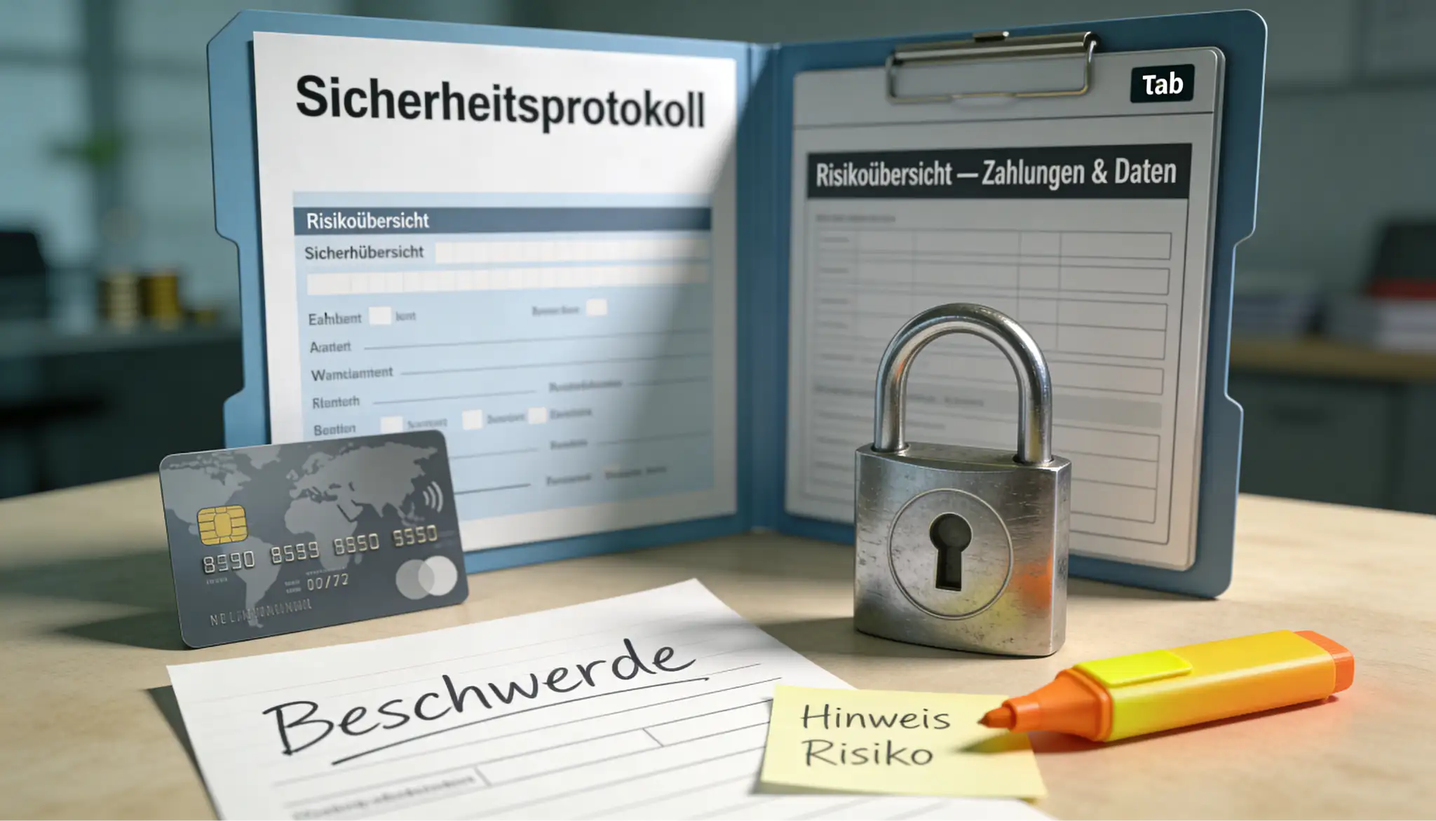 Risikokarte mit Zahlung, Datenschutz und Beschwerdeunterlagen